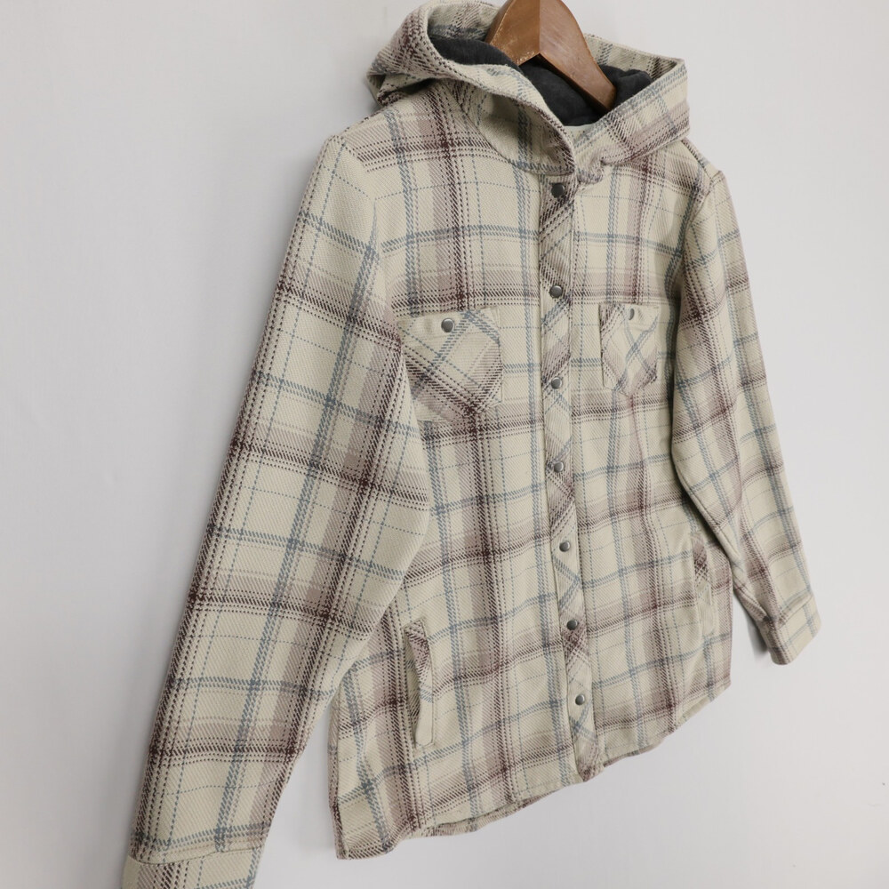 Kuhl Kleo Hoodie Shacket Womens M Cream Plaid Snap Front Fleece Lined Flannel - Picture 3 of 11